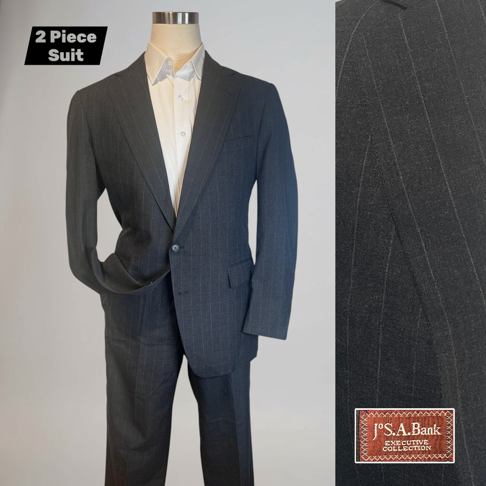 Vintage Jos A Bank Executive Collection Mens 44L 38x31 Gray Suit Banker's Stripe